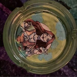 Green Art Glass Ashtray with Doll Design